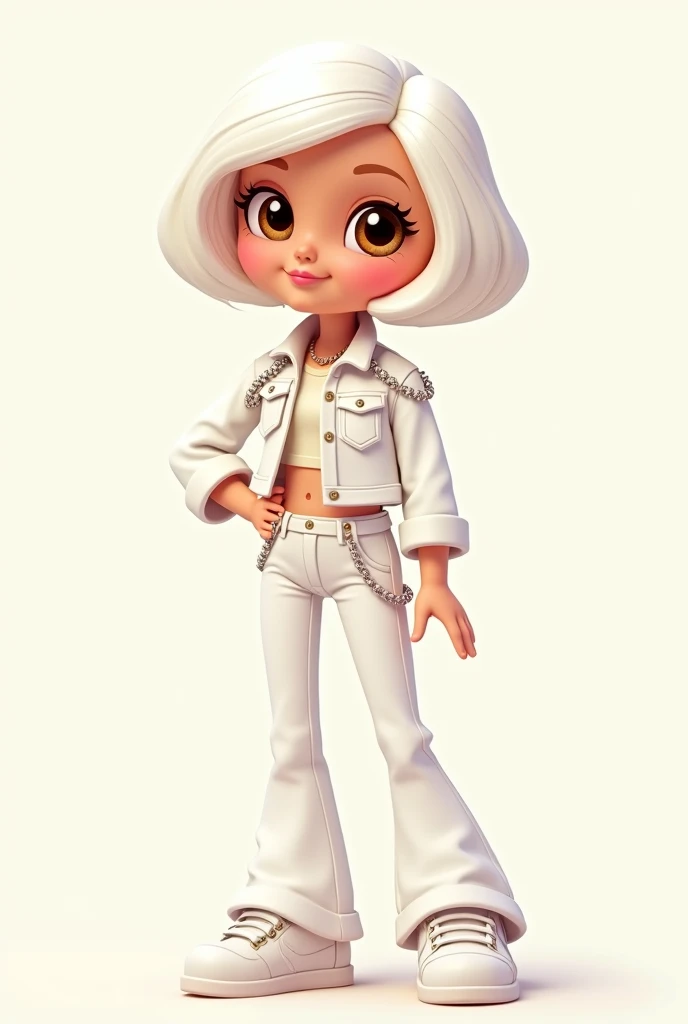 Cartoon Barbie with white hair ,short ,brown eyes dressed in high-waisted white bell-bottom jeans and a white jeans jacket with white chains ,white tennis shoes