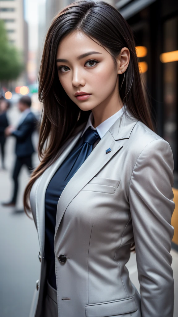((Reference Sheet, Character Design, front, return, ~ ~ ~ side, Mr...々Hairstyle, Mr...々performance, Facial Expressions)),(8k, RAW Photos, 最high quality, masterpiece: 1.2), (Realistic, photoRealistic: 1.37), 1 Woman in a suit standing on the sidewalk, Cityscape, Day, Sunny Morning, Professional Lighting, Photon Mapping, Radio City, Brazilian women, Torn, shirt, Woman in a suit, Silk Suit, masterpiece, 最high quality, high quality, High resolution, big , ((Face close-up)),