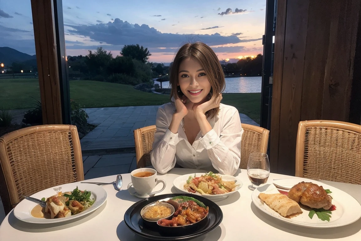（Realistic:1.1）,(masterpiece,Highest quality)，8k,(49 years old), 53 years old, ベリーslimボディ、slimカップル、Tight waist,Upper Body,full-course dinner、wine 、Amazing view of the sunset sky and clouds、Perfect Anatomy, Brown Hair, short hair,Random Hairstyles,((Highly detailed face and eyes:1.2))，Perfect golden ratio face，Long sleeve shirt、dress,(smile:1.2)、Shortcuts、cute、(Realistic, Intricate details:1.2), A bright smile、short hair,Bright Face、赤wine 、Appetizers、Italian food、wine bottle、Champagne、スパークリングwine、(slimな顔), (The body is slim), (Brown Hair), (Shortcuts),  Upper Body, 白wine, slim, wineグラス, 