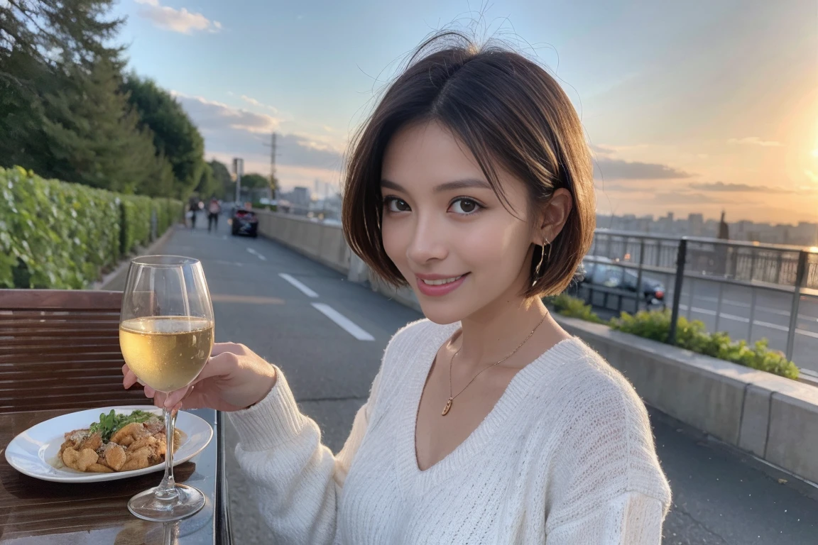 （Realistic:1.1）,(masterpiece,Highest quality)，8k,(49 years old), 53 years old, ベリーslimボディ、slimカップル、Tight waist,Upper Body,full-course dinner、wine 、Amazing view of the sunset sky and clouds、Perfect ???????, Brown Hair, short hair,Random Hairstyles,((Highly detailed face and eyes:1.2))，Perfect golden ratio face，Long sleeve shirt、dress,(smile:1.2)、Shortcuts、cute、(Realistic, Intricate details:1.2), A bright smile、short hair,Bright Face、赤wine 、Appetizers、Italian food、wine bottle、Champagne、スパークリングwine、(slimな顔), (The body is slim), (Brown Hair), (Shortcuts),  Upper Body, 白wine, slim, wineグラス, 