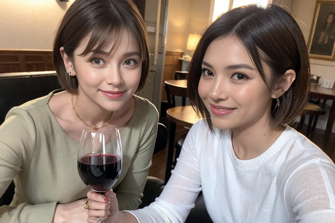 (Realistic:1.1),(masterpiece,Highest quality),8k,(49 years old), 53 years old, ベリーslimボディ、slimカップル、Tight waist,Upper Body,full-course dinner、wine 、Amazing view of the sunset sky and clouds、Perfect Anatomy, Brown Hair, short hair,Random Hairstyles,((Highly detailed face and eyes:1.2)),Perfect golden ratio face,Long sleeve shirt、dress,(smile:1.2)、Shortcuts、cute、(Realistic, Intricate details:1.2), A bright smile、short hair,Bright Face、赤wine 、Appetizers、Italian food、wine bottle、Champagne、スパークリングwine、(slimな顔), (The body is slim), (Brown Hair), (Shortcuts), Upper Body, 白wine, slim, wineグラス,