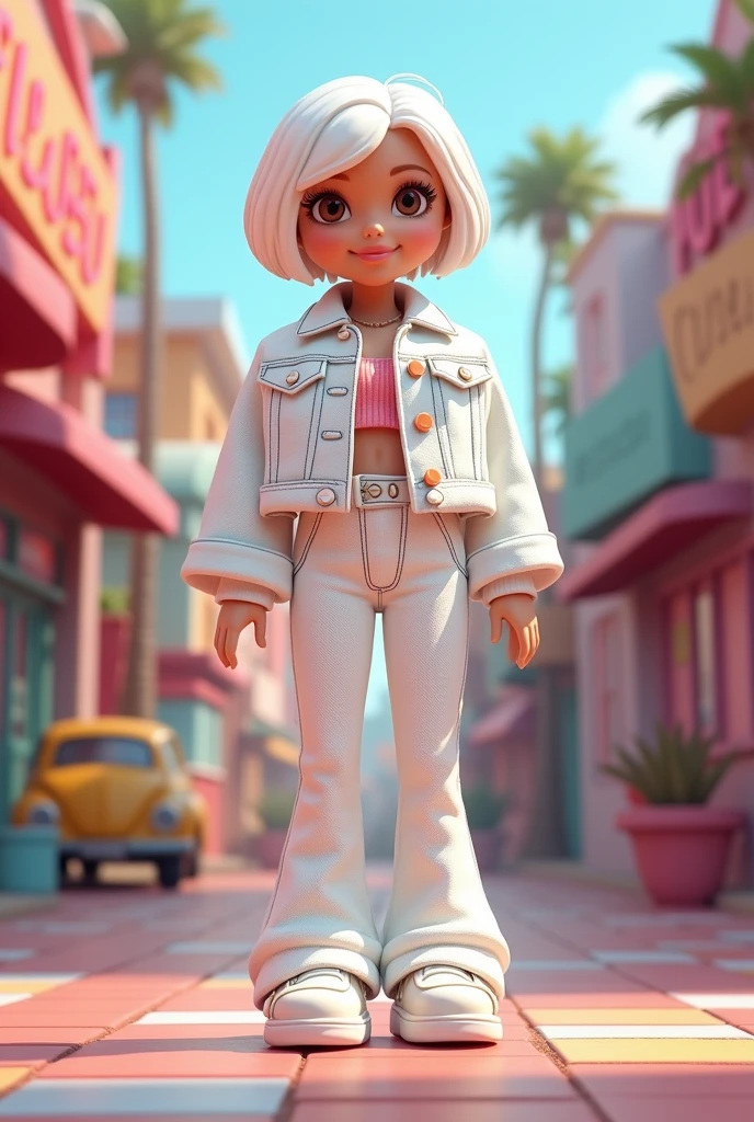 Cartoon Barbie with white hair ,short ,brown eyes dressed in high-waisted white bell-bottom jeans and a white jeans jacket with white chains ,white tennis shoes