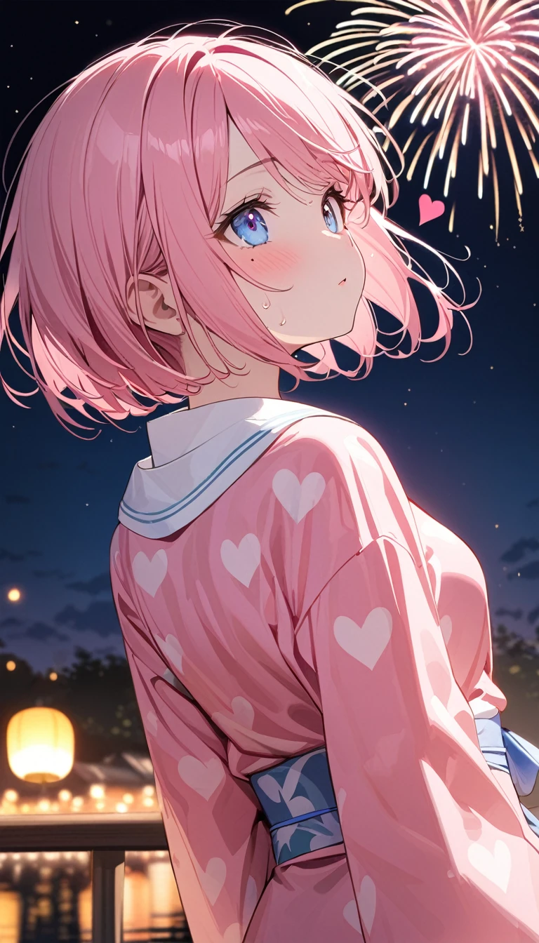 (1 girl),(Best Picture Quality, 8K, Masterpiece:1.3), (high school student:1.5), ((pink lob hair:1.1)), (bob cut),(swept bangs), (cute eyes, pupil black, iris skyblue, youthful face), (mole under right eye), (standard weight), (small breasts), (glistening skin:1.3),(pale skin:1.2),(sweaty skin:1.2),BREAK ((pink yukata,heart pattern)),(looking up at the sky),(back shot), (strong wind), night, summer festival, fireworks, pulled composition,(magnificent view:1.3).