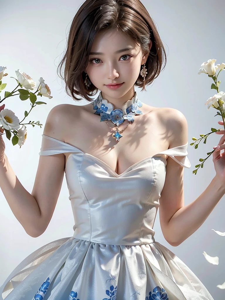 8k,Confused, High resolution, Very detailed, 1 girl, alone, Very beautiful eyes, Ultra-precise depiction, artistic、Very detailed depiction, (Tangled:1.2), , (White high key background:1.5), (((White dress with blue floral pattern 1.5))), 、 short hair、Loose wavy hair、Earrings and Necklaces、Brown Hair, (Glowing Skin), Many colors, , (Shooting from above:1.2),、Flat Body、slim、cute、、Round face、Cast a Shadow、、Smile 1.3、1 that emits a shining aura.4、Lively poses、Off the shoulder、The skirt is short、Updo、光りGlowing Skin、Glowing Skin、High key portrait 1.5、smile、Place your right hand above your head、Depth of written boundary、50mm lens、