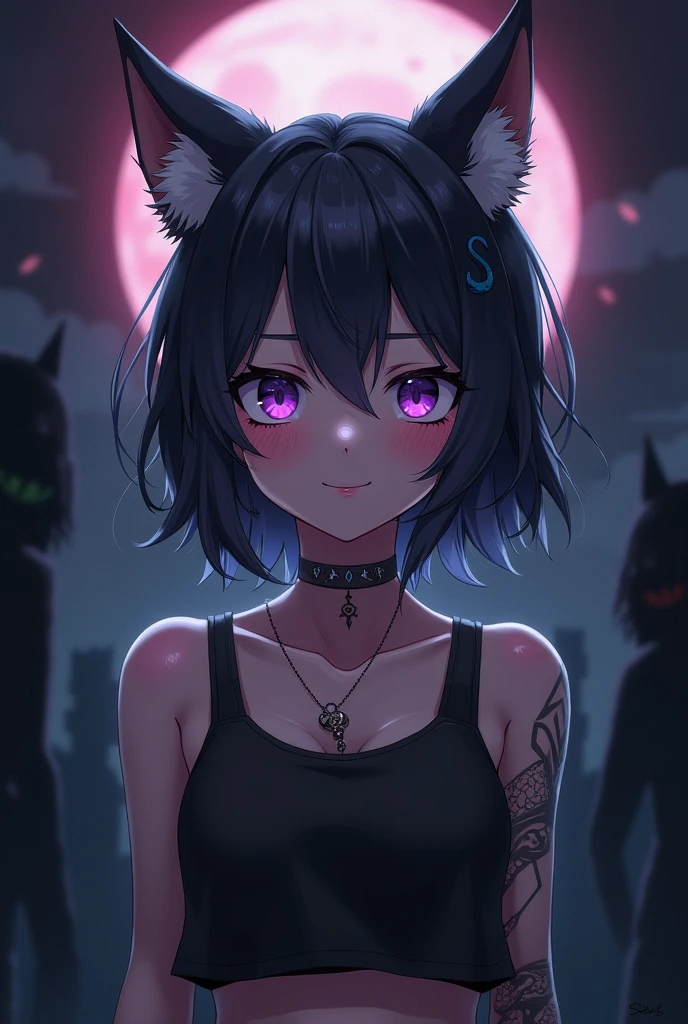 A dark demon background anime theme realistic a girl with bang have tattoo smile with fing and have wolf cut layered hair milky tea colour purple eyes wearing crop top