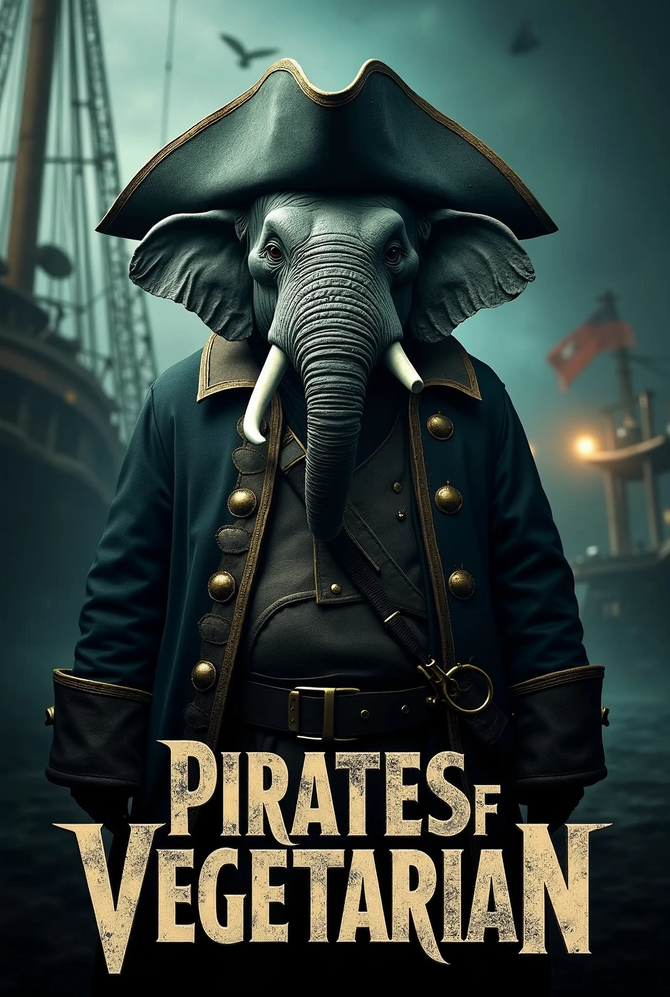 Create a cinematic poster featuring photorealistic portrait of Dressed animals - a ((fat)) elephant pirate, , wearing pirate costume and pirate hat , with a serious, intense expression, He should be slightly off-center in the composition, The background should be dark and gritty, pirate's ship with smoky or grunge textures, Use a color scheme of black, deep blues, and dark greens, with subtle silver or gold accents to capture the show's mood, At the bottom of the poster, place the text "PIRATES OF VEGETARIAN" in large, bold, distressed letters, in a sans-serif font. The text should have a cinematic style, with slight shadow or glow effects to make it stand out against the background.