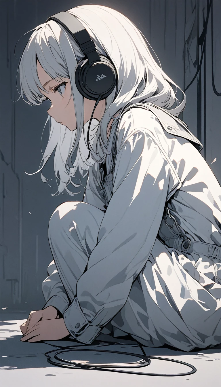 (masterpiece),(best quality:1.1),(very detailed),best illustration,in detail, girl,alone,,slim,(Really delicate and beautiful face),(headset, music), gloomy, Sit down and crouch, gray city, (simple background:1.2)Overall color background,obvious,4K