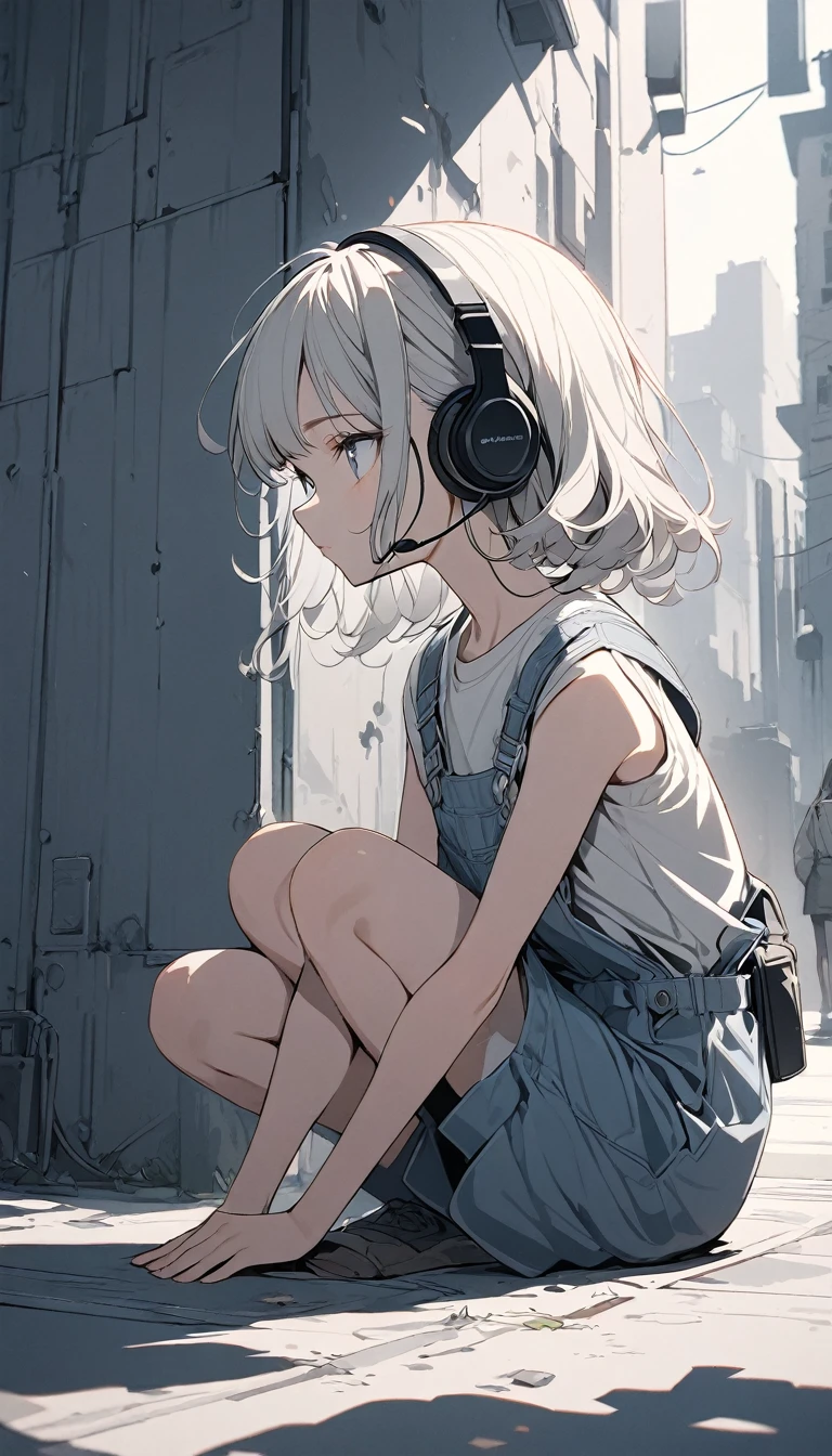 (masterpiece),(best quality:1.1),(very detailed),best illustration,in detail, girl,alone,13 years old,slim,(Really delicate and beautiful face),(headset, music), gloomy, Sit down and crouch, gray city, (simple background:1.2)Overall color background,obvious,4K