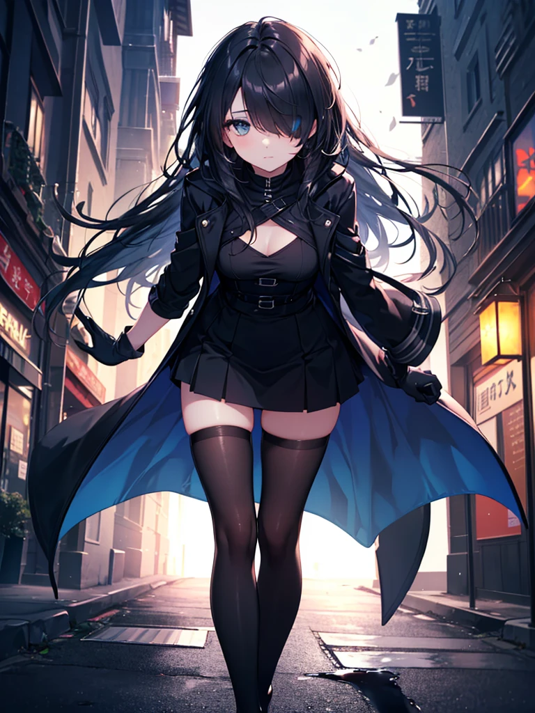 ((Oriental Project)),((masterpiece)),((leaning forward)),((Highest quality)),((Fascinating)),((alone)),((Deep blue pupils)),((Looking up at the night view from the top of the hill)),((Beautiful Blue Eyes)),((Wearing a black coat)),((Black mini skirt)),(((Wearing black tights))),((Slim body)),((length, Shiny black hair)),((Her left eye is completely hidden by her bangs)),((Her hair is parted, and you can see her eyes through it)),((Wearing black gloves)),((hair over one eye,long hair)),((Ruthless)),((Complex background)),((Hair blowing in the wind))