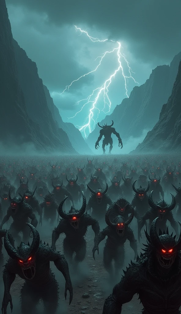 "A vast, ominous battlefield under a dark, stormy sky. A massive horde of grotesque, nightmarish monsters charges forward, filling the scene from edge to edge. Each creature is uniquely terrifying: twisted, humanoid figures with sharp claws, glowing red eyes, and ragged wings; giant, armored beasts with spiked tails and gaping maws; and shadowy, ethereal wraiths that hover menacingly above the ground. The monsters are swarming together, their sheer numbers creating a chaotic and overwhelming sense of dread. The ground trembles under their collective weight, and the air is filled with their deafening roars. In the background, jagged mountains loom ominously, while flashes of lightning illuminate the scene, casting eerie shadows across the landscape. The entire scene is shrouded in darkness, with only brief glimpses of the horrors within the horde as they advance relentlessly towards the viewer."