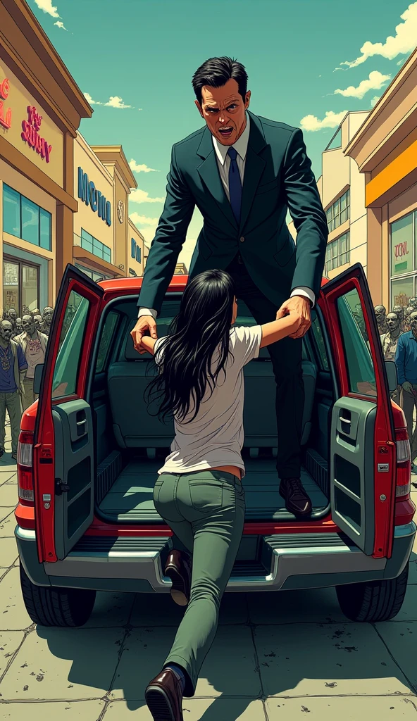 ((A man with short hair))，In the mall，Black Hair，Suits，((Cold expression))，Japanese comic style，Standing on the back seat of an SUV，((把黑色长发女性push下车))，push，There are zombies chasing
