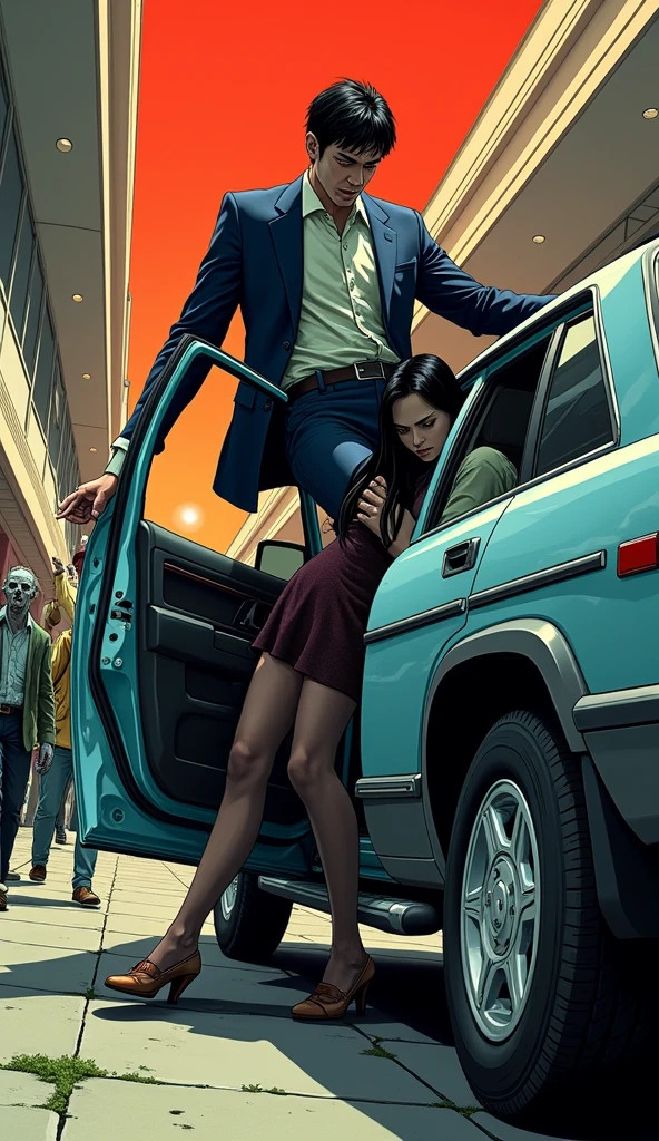 ((A man with short hair))，In the mall，Black Hair，Suits，((Cold expression))，Japanese comic style，Standing on the back seat of an SUV，((把黑色长发女性push下车))，push，There are zombies chasing