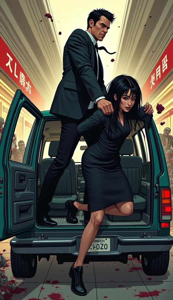 ((A man with short hair))，In the mall，Black Hair，Suits，((Cold expression))，Japanese comic style，Standing on the back seat of an SUV，((把黑色长发女性push下车))，push，There are zombies chasing