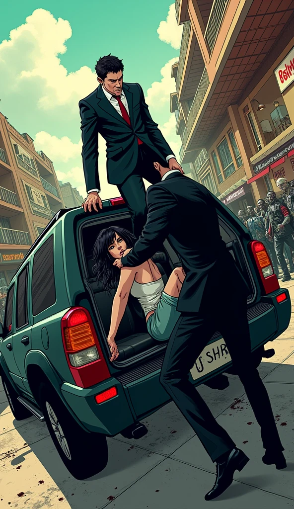((A man with short hair)),In the mall,Black Hair,Suits,((Cold expression)),Japanese comic style,Standing on the back seat of an SUV,((把黑色长发女性push下车)),push,There are zombies chasing