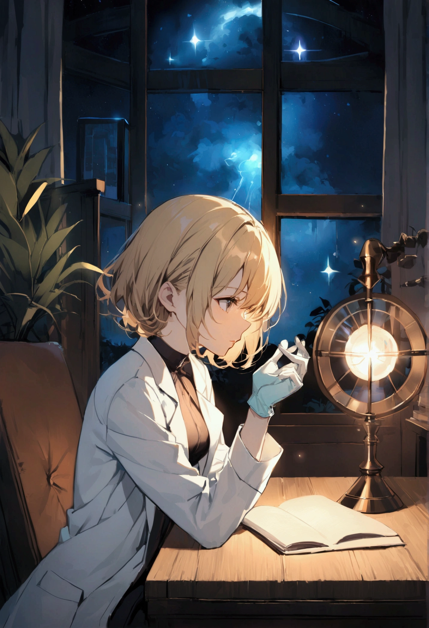 Living room background, night time, Lab coat, surgical gloves, short hair, 1woman, blond hair, shining hair,