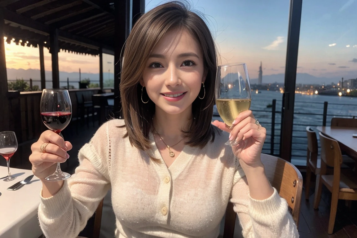 （Realistic:1.1）,(masterpiece,Highest quality)，8k,(49 years old), 53 years old, ベリーslimボディ、slimカップル、Tight waist,Upper Body,full-course dinner、wine 、Amazing view of the sunset sky and clouds、Perfect Anatomy, Brown Hair, short hair,Random Hairstyles,((Highly detailed face and eyes:1.2))，Perfect golden ratio face，Long sleeve shirt、dress,(smile:1.2)、Shortcuts、cute、(Realistic, Intricate details:1.2), A bright smile、short hair,Bright Face、赤wine 、Appetizers、Italian food、wine bottle、Champagne、スパークリングwine、(slimな顔), (The body is slim), (Brown Hair), (Shortcuts),  Upper Body, 白wine, slim, wineグラス, 