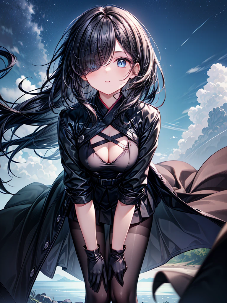 ((Oriental Project)),((masterpiece)),((leaning forward)),((Highest quality)),((Fascinating)),((alone)),((Deep blue pupils)),((Looking up at the night view from the top of the hill)),((Beautiful Blue Eyes)),((Wearing a black coat)),((Black mini skirt)),(((Wearing black tights))),((Slim body)),((length, Shiny black hair)),((Her left eye is completely hidden by her bangs)),((Her hair is parted, and you can see her eyes through it)),((Wearing black gloves)),((hair over one eye,long hair)),((Ruthless)),((Complex background)),((Hair blowing in the wind))