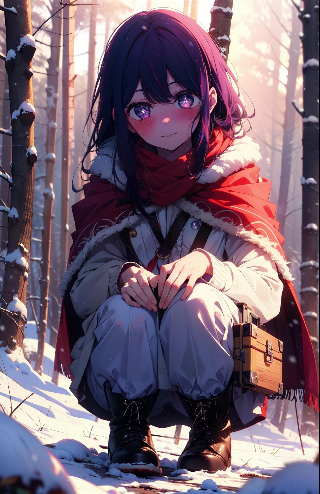 aihoshino, Ai Hoshino, Long Hair, bangs, (Purple eyes:1.1), Purple Hair, (Symbol-shaped pupil:1.5), smile,,smile,blush,white breath,
Open your mouth,snow,Ground bonfire, Outdoor, boots, snowing, From the side, wood, suitcase, Cape, Blurred, , forest, White handbag, nature, Squat, Mouth closed, Cape, winter, Written boundary depth, Black shoes, red Cape break looking at viewer, Upper Body, whole body, break Outdoor, forest, nature, break (masterpiece:1.2), Highest quality, High resolution, unity 8k wallpaper, (shape:0.8), (Beautiful and beautiful eyes:1.6), Highly detailed face, Perfect lighting, Highly detailed CG, (Perfect hands, Perfect Anatomy),
