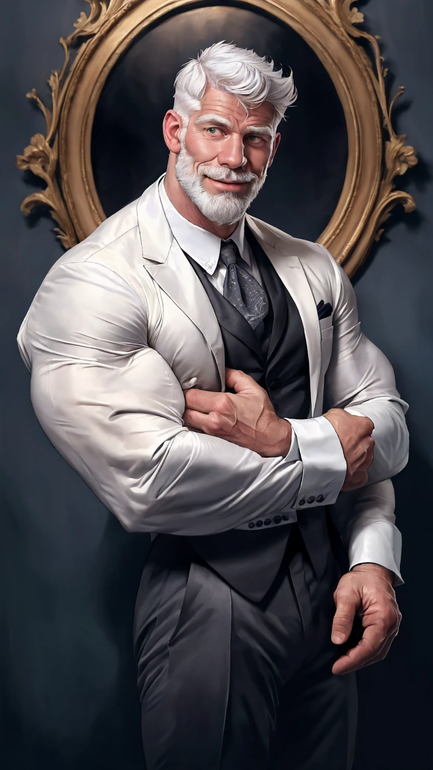 Highly detailed paintings, portraits, works of William-Adolf Bouguereau, Finnish Tom, Gaston Bussier, Alfons March, ethereal, poetic pastoral. Handsome Grandpa Magazine! Beard, short hair, small head and tall old man, wearing a black and gray open suit, open white shirt!!! ( 8K, masterpiece, best quality, high resolution, super detail) elegant! Fashion background!! HD, 8k, thin and tall! Muscled, chest hair, hairy chest muscles! Smirk, masterpiece, best quality, high resolution, detailed background, strong body, very, male, he is about 60 years old, strong and handsome, muscular tissue, too many muscles, chest muscles! Detailed background, best quality, masterpiece, (muscle: 1.5), (white hair: 1.5)
