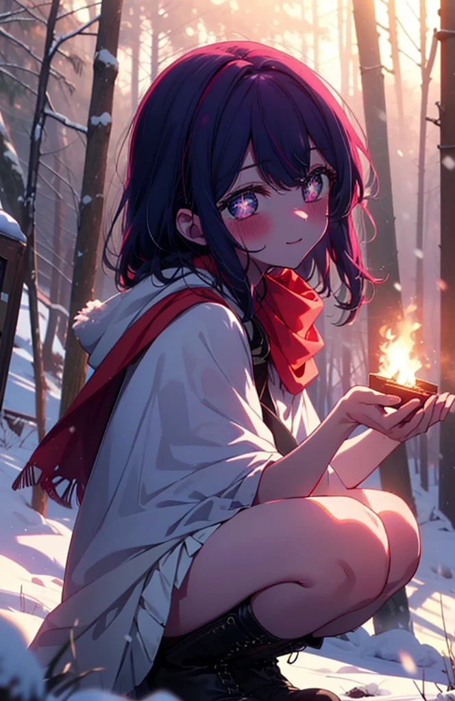 aihoshino, Ai Hoshino, Long Hair, bangs, (Purple eyes:1.1), Purple Hair, (Symbol-shaped pupil:1.5), smile,,smile,blush,white breath,
Open your mouth,snow,Ground bonfire, Outdoor, boots, snowing, From the side, wood, suitcase, Cape, Blurred, , forest, White handbag, nature, Squat, Mouth closed, Cape, winter, Written boundary depth, Black shoes, red Cape break looking at viewer, Upper Body, whole body, break Outdoor, forest, nature, break (masterpiece:1.2), Highest quality, High resolution, unity 8k wallpaper, (shape:0.8), (Beautiful and beautiful eyes:1.6), Highly detailed face, Perfect lighting, Highly detailed CG, (Perfect hands, Perfect Anatomy),