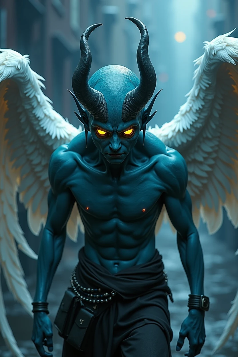 The fallen angel Raziel (flight:1.3), (with an all Azul-colored body), (bright yellow eyes:1.1), exhibits a demonic yet heroic figure. His large, (dirtied white wings), spread out in contrast against the dark city backdrop, create an intriguing dark fantasy style. The high-resolution image boasts an unparalleled level of detail, showcasing the soft, expressive, and highly-detailed face of the angel (actual:1). Every pore and vein on his face is visible, reflecting the photo-realistic quality. The full-color, 8K Ultra HD, 3D rendered image, powered by Unreal Engine v5.2,