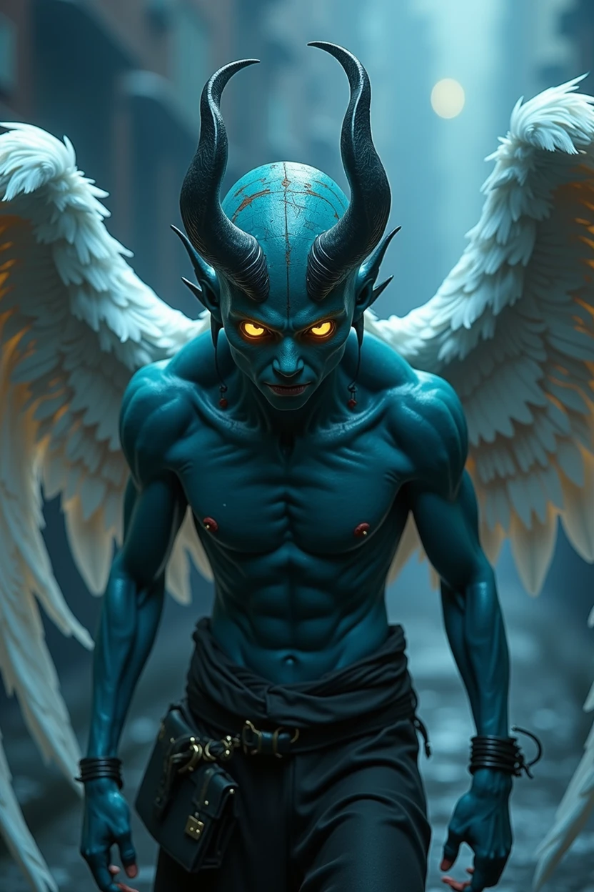 The fallen angel Raziel (flight:1.3), (with an all Azul-colored body), (bright yellow eyes:1.1), exhibits a demonic yet heroic figure. His large, (dirtied white wings), spread out in contrast against the dark city backdrop, create an intriguing dark fantasy style. The high-resolution image boasts an unparalleled level of detail, showcasing the soft, expressive, and highly-detailed face of the angel (actual:1). Every pore and vein on his face is visible, reflecting the photo-realistic quality. The full-color, 8K Ultra HD, 3D rendered image, powered by Unreal Engine v5.2,