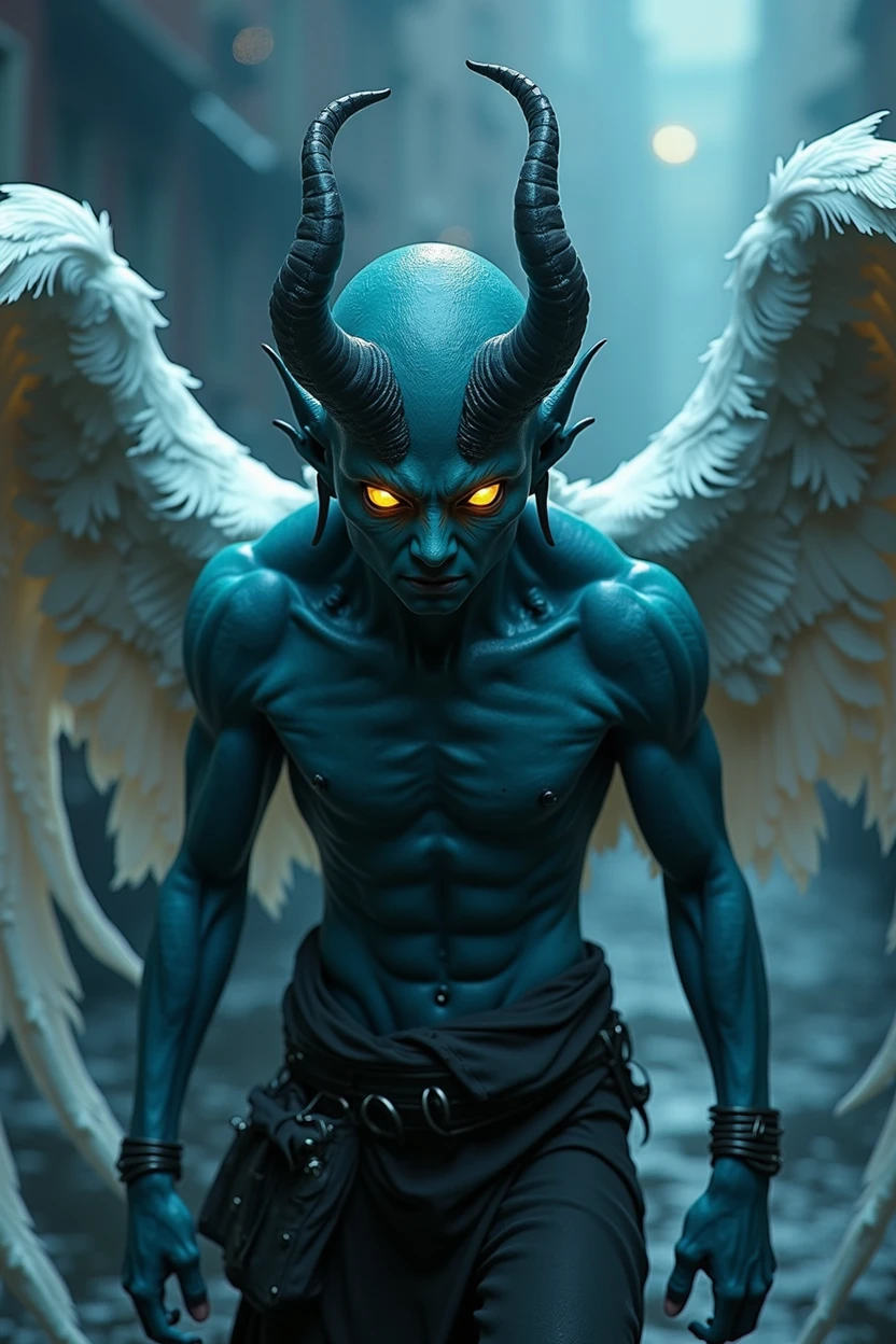 The fallen angel Raziel (flight:1.3), (with an all Azul-colored body), (bright yellow eyes:1.1), exhibits a demonic yet heroic figure. His large, (dirtied white wings), spread out in contrast against the dark city backdrop, create an intriguing dark fantasy style. The high-resolution image boasts an unparalleled level of detail, showcasing the soft, expressive, and highly-detailed face of the angel (actual:1). Every pore and vein on his face is visible, reflecting the photo-realistic quality. The full-color, 8K Ultra HD, 3D rendered image, powered by Unreal Engine v5.2,