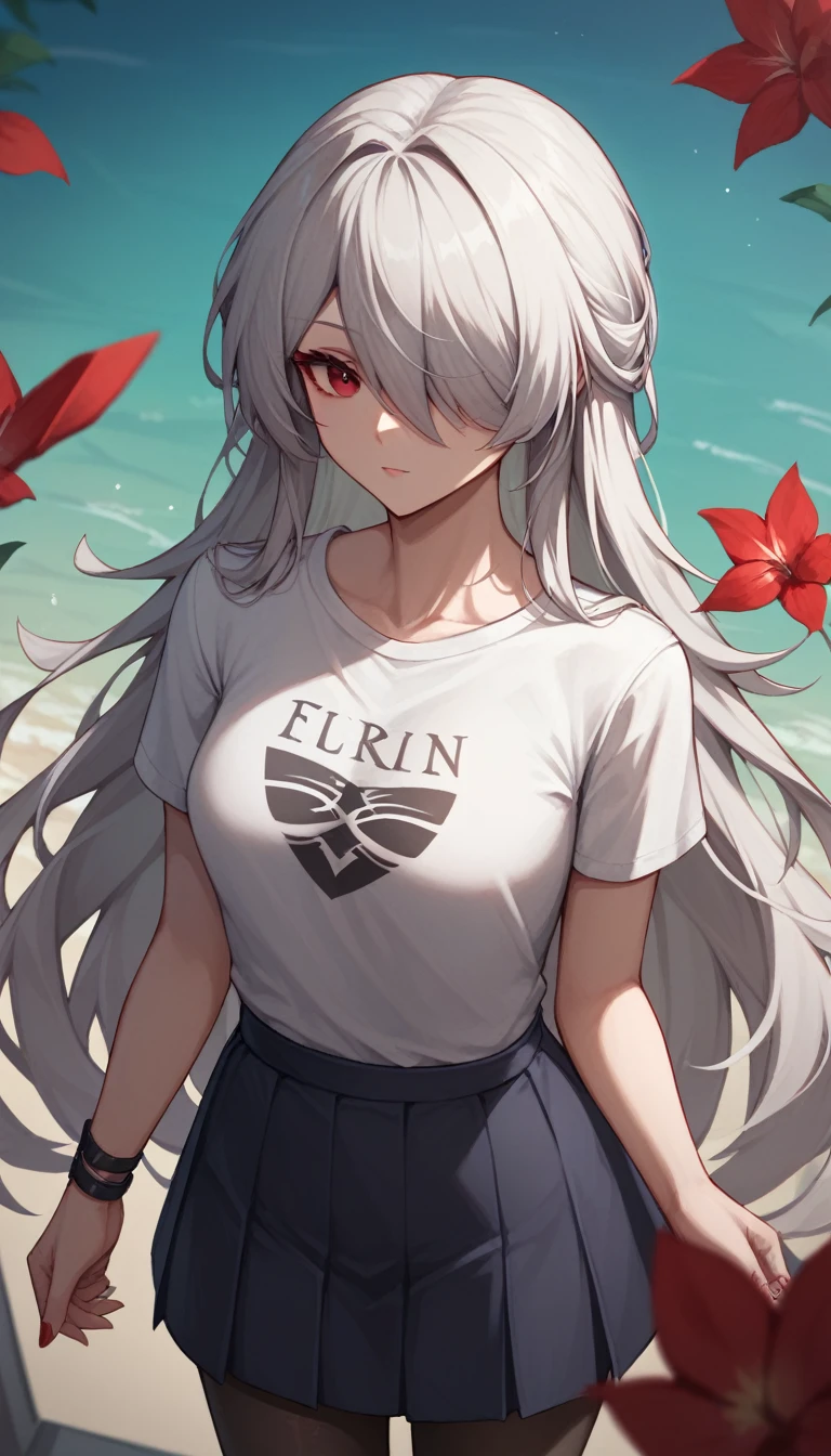 1girl, solo, red acheron, white hair, long hair, hair over one eyes, red eyes, wearing casual T-shirt text "100 followers", text (red) color, white shirt, skirt, pantyhose