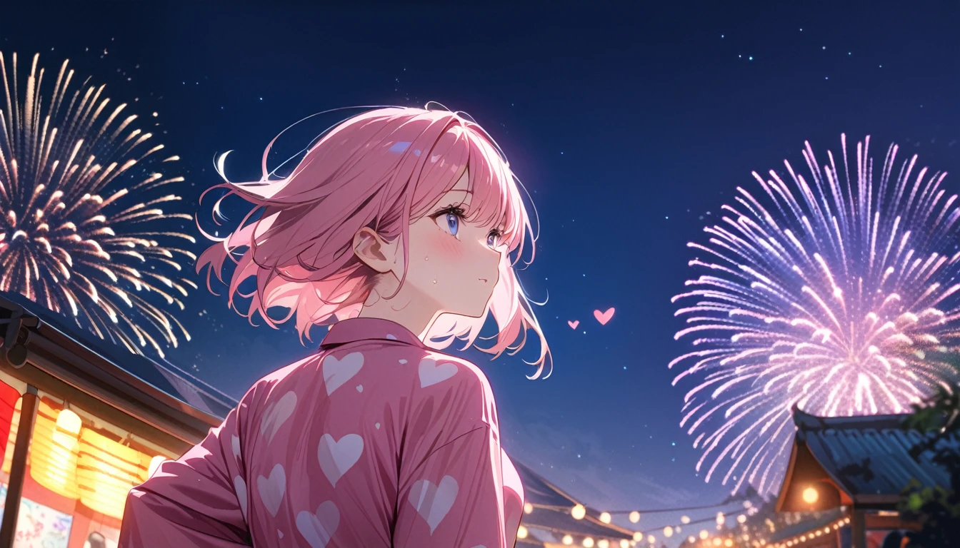 (1 girl),(Best Picture Quality, 8K, Masterpiece:1.3), (high school student:1.5), ((pink lob hair:1.1)), (bob cut),(swept bangs), (cute eyes, pupil black, iris skyblue, youthful face), (mole under right eye), (standard weight), (small breasts), (glistening skin:1.3),(pale skin:1.2),(sweaty skin:1.2),BREAK ((pink yukata,heart pattern)),(looking up at the sky),(back shot), (strong wind), night, summer festival, fireworks, pulled composition,(magnificent view:1.3).