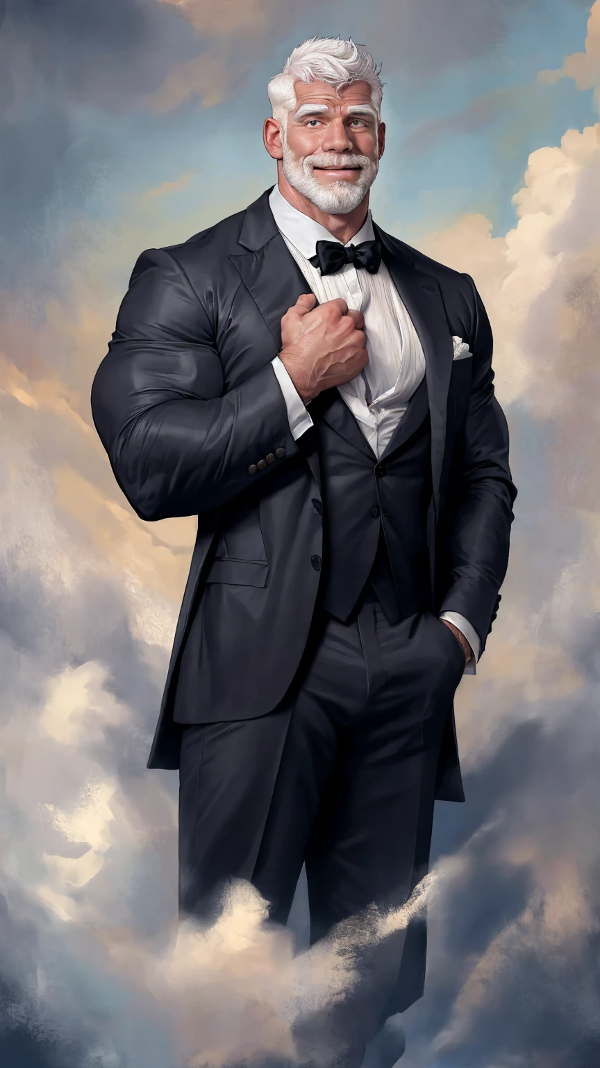 Highly detailed paintings, portraits, works of William-Adolf Bouguereau, Finnish Tom, Gaston Bussier, Alfons March, ethereal, poetic pastoral. Handsome Grandpa Magazine! Beard, short hair, small head and tall old man, wearing a black and gray open suit, open white shirt!!! ( 8K, masterpiece, best quality, high resolution, super detail) elegant! Fashion background!! HD, 8k, thin and tall! Muscled, chest hair, hairy chest muscles! Smirk, masterpiece, best quality, high resolution, detailed background, strong body, very, male, he is about 60 years old, strong and handsome, muscular tissue, too many muscles, chest muscles! Detailed background, best quality, masterpiece, (muscle: 1.5), (white hair: 1.5)