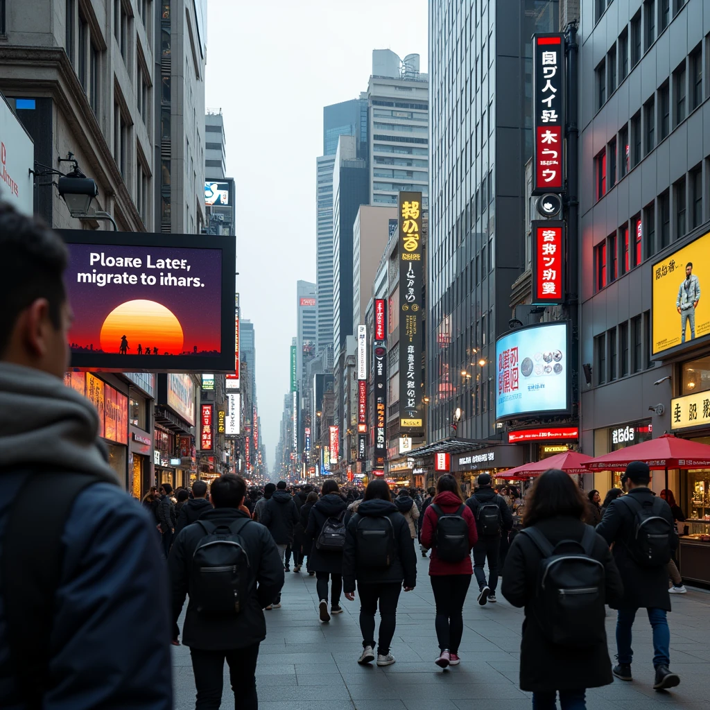 The streets of Tokyo, where people come and go. A commercial encouraging people to migrate to Mars runs on a monitor display.