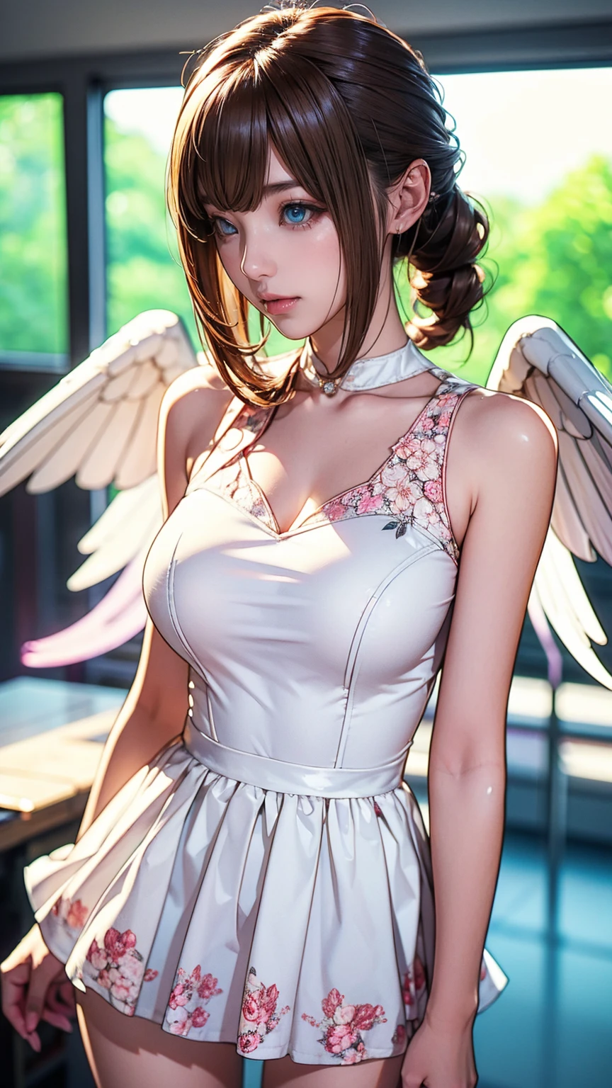 High resolution, Highest quality, masterpiece, 超High resolution, 超High resolution, Ultra-realistic, 3d, anime, figure, alone, A very beautiful and cute woman in her 20s, She was wearing a pale white floral mini-skirt dress.、Flapping its wings, Her hair is moving, whole body, Amazing perfect proportions, Shiny light brown medium length hair, High Layer Cut, Mallet Hairstyles, Bright Blue Eyes, Happy, shy