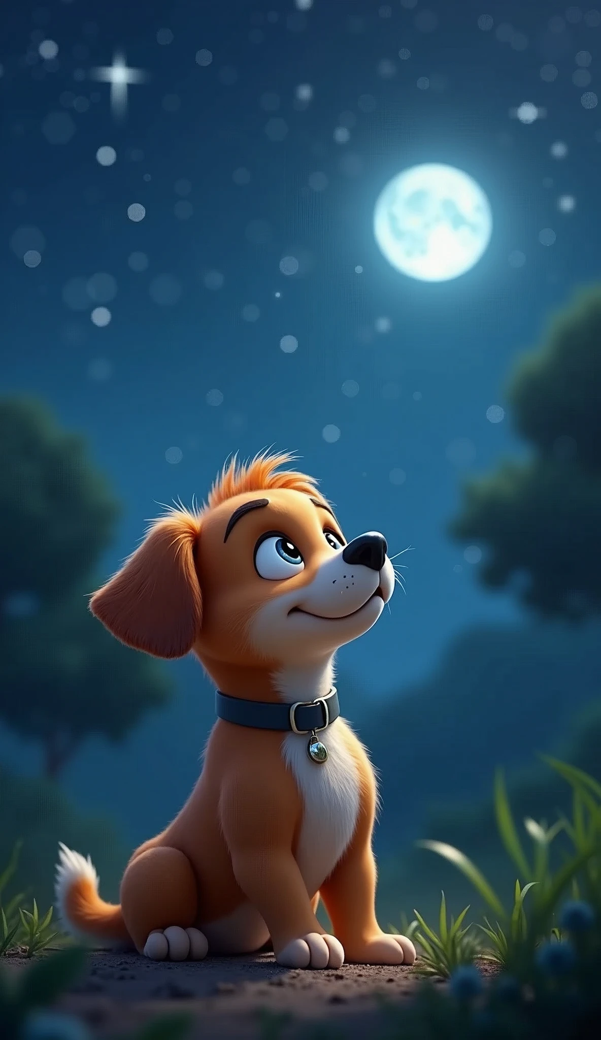 Cartoon character of a cute baby dog sitting with his friends, gazing up at a star-filled sky, look at the twinkling stars and the glowing moon, The scene should feel peaceful and beautiful, with the colorful nuances of the jungle still visible in the night, um personagem animado, Caractere estilizado, animation style rendering, 3D estilizado, Arnold Maya render, 3 d render stylized, toon render keyshot, Personagem 3D, Personagem 3D, 3d rendering stylized, 3d character render, personagem de desenho animado, Personagem de close up, Pose de personagem, (Estilo Pixar) (master part:1.2) (Bokeh) (best quality) (pele detalhada) (textura detalhada) (8k) (argila) (Cinematic lighting) (foco nítido,Senta e vaza a parte superior do corpo