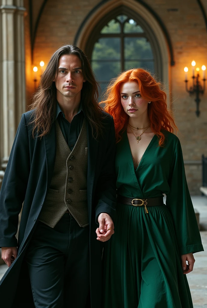Beautiful redhead woman with freckles wearing Hogwarts uniform and walking down the hallway with a tall man with long hair and thin features