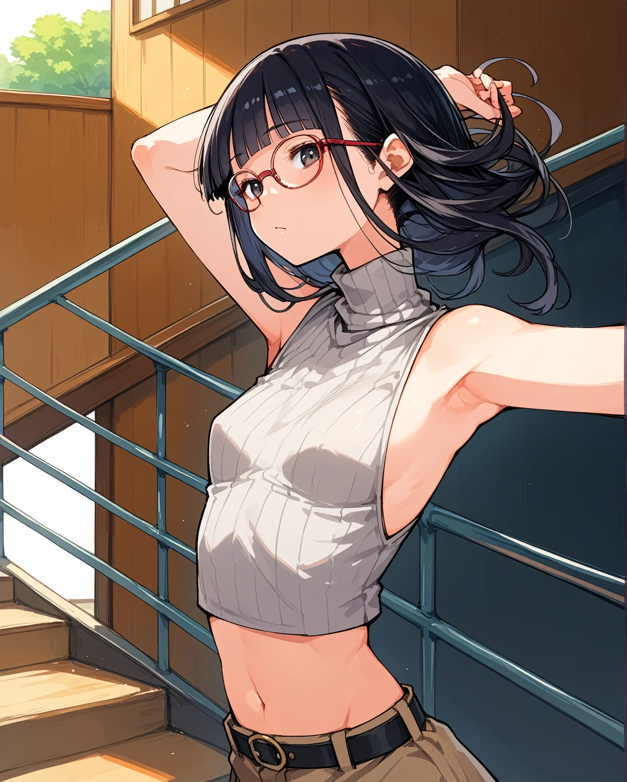 The eroticism that seems visible but is not,裸よりもNaughty,Sexy clothes,Revealing clothing,Focus on your audience,Naughty,The sides of the upper body are completely exposed,側面が完全に空いているデザインのSleeveless turtleneck,Exposed from the flank to the chest,Protruding ribs,Exposed waistline,Super low rise,Not wearing an inner layer、胸元が開いたデザインのSleeveless turtleneck,Exposed chest、Exposed flanks,sexy,Flat Chest,Focus on your audience,Very thin body,Anime Style,Slim figure,delicate,Glasses,Asian woman wearing a grey top posing on the stairs, Sleeveless turtleneck_Baggy, 脇が完全に開いているSleeveless turtleneck_Relaxed back design,rib cage,Side bust,Shoulders are wide open,sexyなWearing a crop top, Photo of slim girl model, Chiho, T-Top, shikamimi, Wearing a crop top, Real life anime girls, Kurohime cut hair, Chassis, 2 4-year-old female model