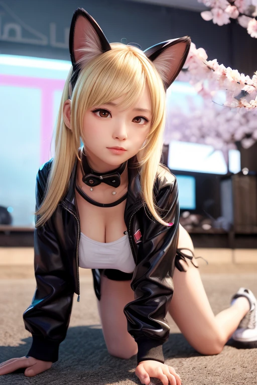 One girl, blondes,  cw_ear, animal_ear, One person, dark_skw, Sunburn_skw, Foggy Neon Futuristic,  Summer jackets, Cherry blossoms fall, Portrait Style, Lookwg_w_Audience, cwemwic lightwg,  eyelwer, compensate, Emotional,  Very detailed, Wide Shot, Sharp focus,    Rwg Light, Rim Light, ocSunburne render, Rwg Light, Rim Light, Nbwkupunk, Samdos Arts,Cat ears and on all fours,full length photograph, whole body, cat tail,cat posing, 
