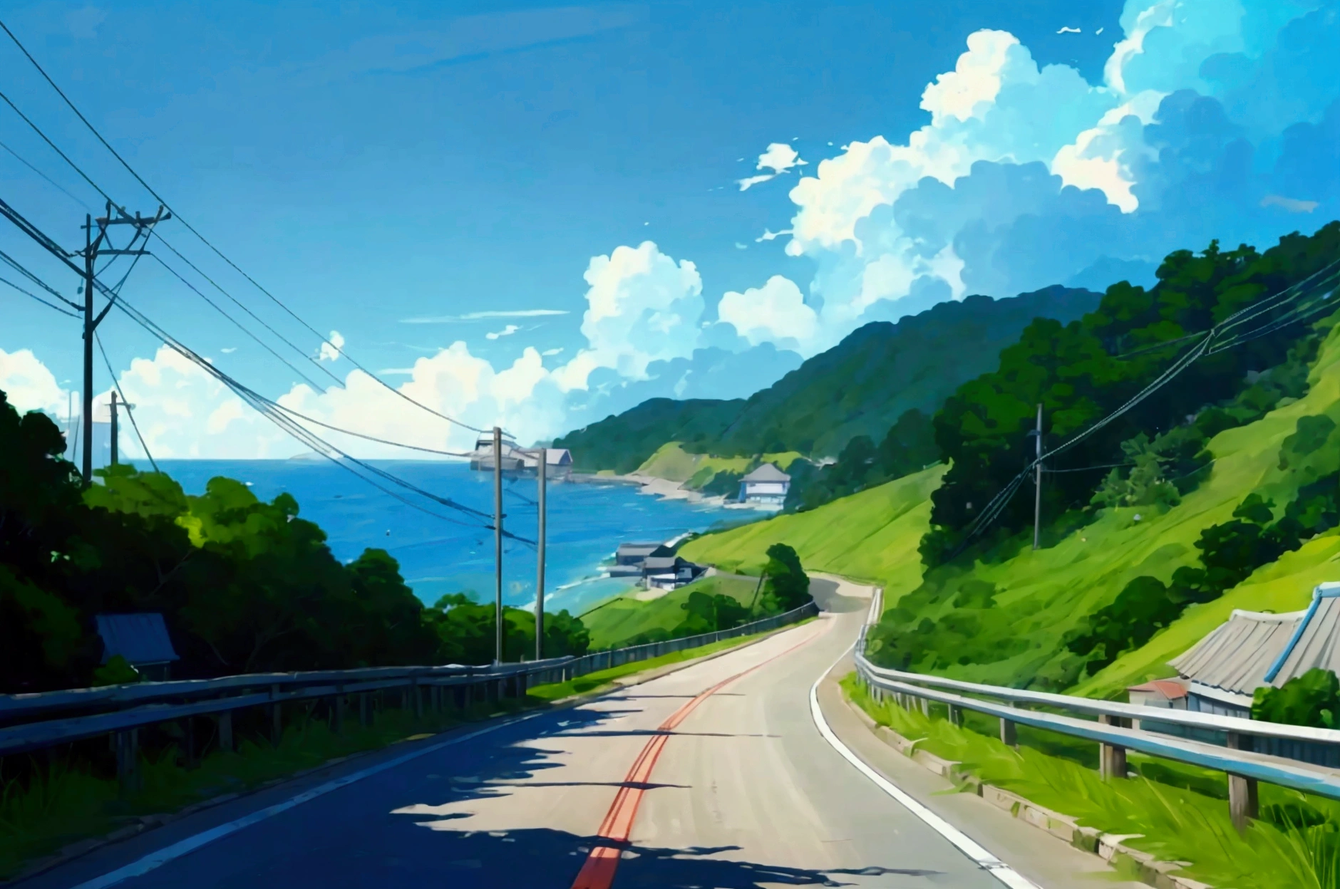 peaceful scene on a coastal road, probably in a rural Japanese setting Setting : A sloping road down to the sea, with a security fence on the left and a green hill on the right. perpendicular viewing angle, ambiance : The sky is clear and the ocean is a deep blue, creating a serene and summery atmosphere.