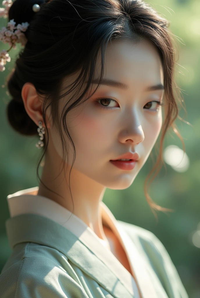 An elegantly dressed Japanese woman in natural light、A close-up of her chest and calm expression.、It shows her inner peace and outer charm.。