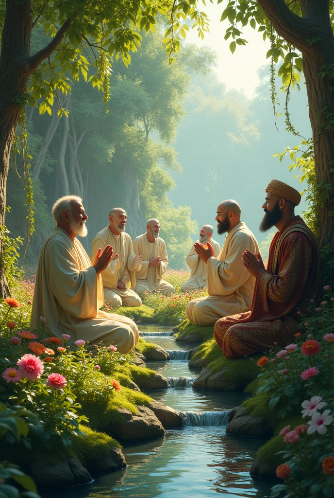 Men Praying to God in a Beautiful Garden
