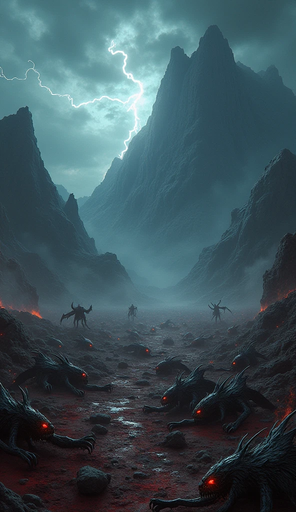 "A vast, ominous battlefield under a dark, stormy sky, now littered with the twisted remains of a once-massive horde of grotesque, nightmarish monsters. The once-ferocious creatures now lie scattered across the landscape, their lifeless bodies crumpled and broken. Twisted, humanoid figures with sharp claws and glowing red eyes now dimmed, their ragged wings torn and limp. Giant, armored beasts with spiked tails and gaping maws lie motionless, their once-impenetrable armor shattered. Shadowy, ethereal wraiths that once hovered menacingly above the ground now dissipate into the air, their forms fading like smoke. The ground is soaked with dark blood, and the air is thick with the stench of death. In the background, jagged mountains still loom ominously, while the storm rages on, with flashes of lightning illuminating the fallen horde. The entire scene is one of devastation, as the monstrous horde has been vanquished, their terrifying presence reduced to a field of carnage and ruin."