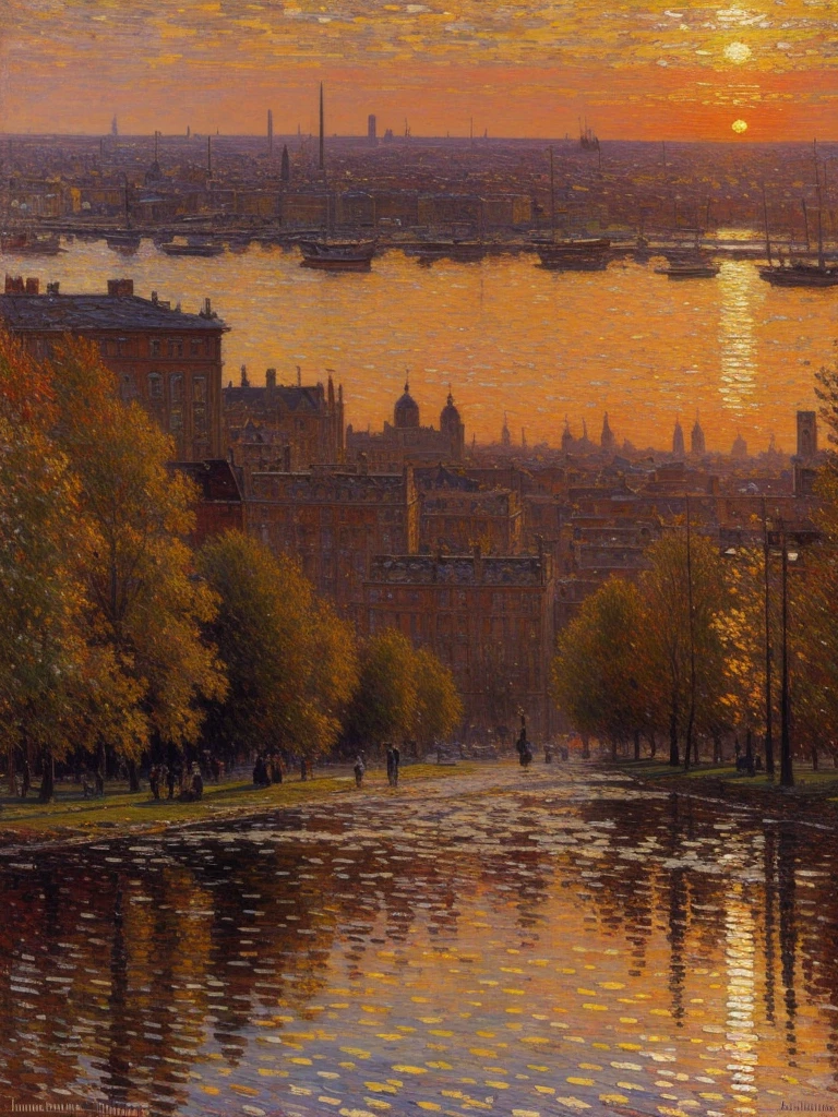 impressionism, Childe Hassam, Ramón Casas, John Atknson Grimshaw, Frederick Remington, Red Sunlight, landscape, sunset, city,