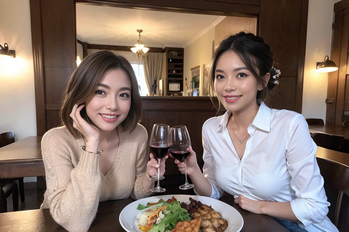 (Realistic:1.1),(masterpiece,Highest quality),8k,(49 years old), 53 years old, ベリーslimボディ、slimカップル、Tight waist,Upper Body,full-course dinner、wine 、Amazing view of the sunset sky and clouds、Perfect Anatomy, Brown Hair, short hair,Random Hairstyles,((Highly detailed face and eyes:1.2)),Perfect golden ratio face,Long sleeve shirt、dress,(smile:1.2)、Shortcuts、cute、(Realistic, Intricate details:1.2), A bright smile、short hair,Bright Face、赤wine 、Appetizers、Italian food、wine bottle、Champagne、スパークリングwine、(slimな顔), (The body is slim), (Brown Hair), (Shortcuts), Upper Body, 白wine, slim, wineグラス,