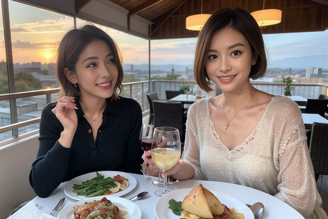 (Realistic:1.1),(masterpiece,Highest quality),8k,(49 years old), 53 years old, ベリーslimボディ、slimカップル、Tight waist,Upper Body,full-course dinner、wine 、Amazing view of the sunset sky and clouds、Perfect Anatomy, Brown Hair, short hair,Random Hairstyles,((Highly detailed face and eyes:1.2)),Perfect golden ratio face,Long sleeve shirt、dress,(smile:1.2)、Shortcuts、cute、(Realistic, Intricate details:1.2), A bright smile、short hair,Bright Face、赤wine 、Appetizers、Italian food、wine bottle、Champagne、スパークリングwine、(slimな顔), (The body is slim), (Brown Hair), (Shortcuts), Upper Body, 白wine, slim, wineグラス,