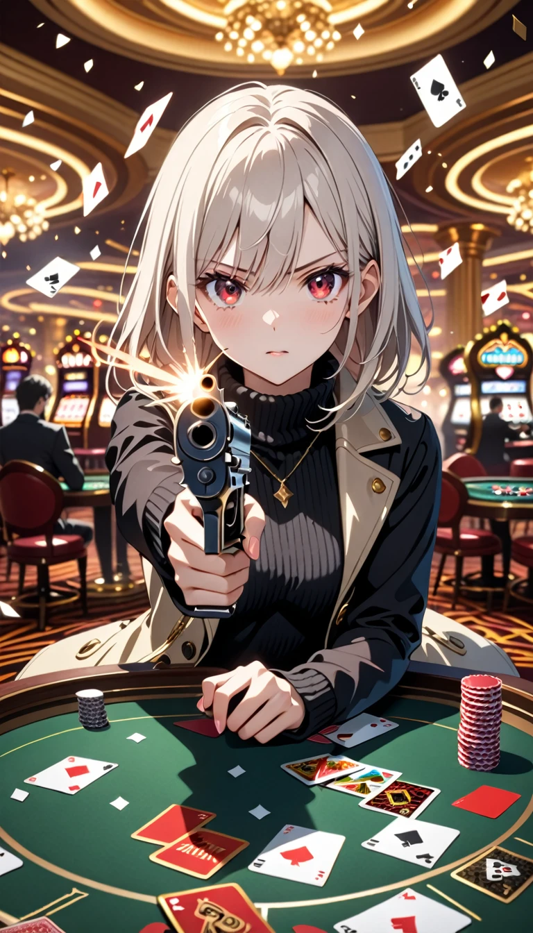 1girl, 15 years old, slim, small breasts, white hair, hairs between eyes, shoulder length hair, pale skin, bright red eye, white duffle coat, open coat, black sweater, turtlenecks, long sleeves, jeans, gold pocket watches hanging from the neck,
detailed face, smooth skin, shiny skin, kawaii,
BREAK
angry, holding weapon, holding gun, handgun, aiming at viewer, muzzle flash,
casino, fell table, casino card table, (scattered cards:1.8), smog,
BREAK
cinematic lighting, volumetric shadow,
BREAK
source_anime, game CG, score_9, score_8_up, score_7_up, (masterpiece:1.2), (best quality:1.2), (very aesthetic:1.2), (absurdres:1.2), (detailed background), newest, (intricate:1.2), ai-generated,