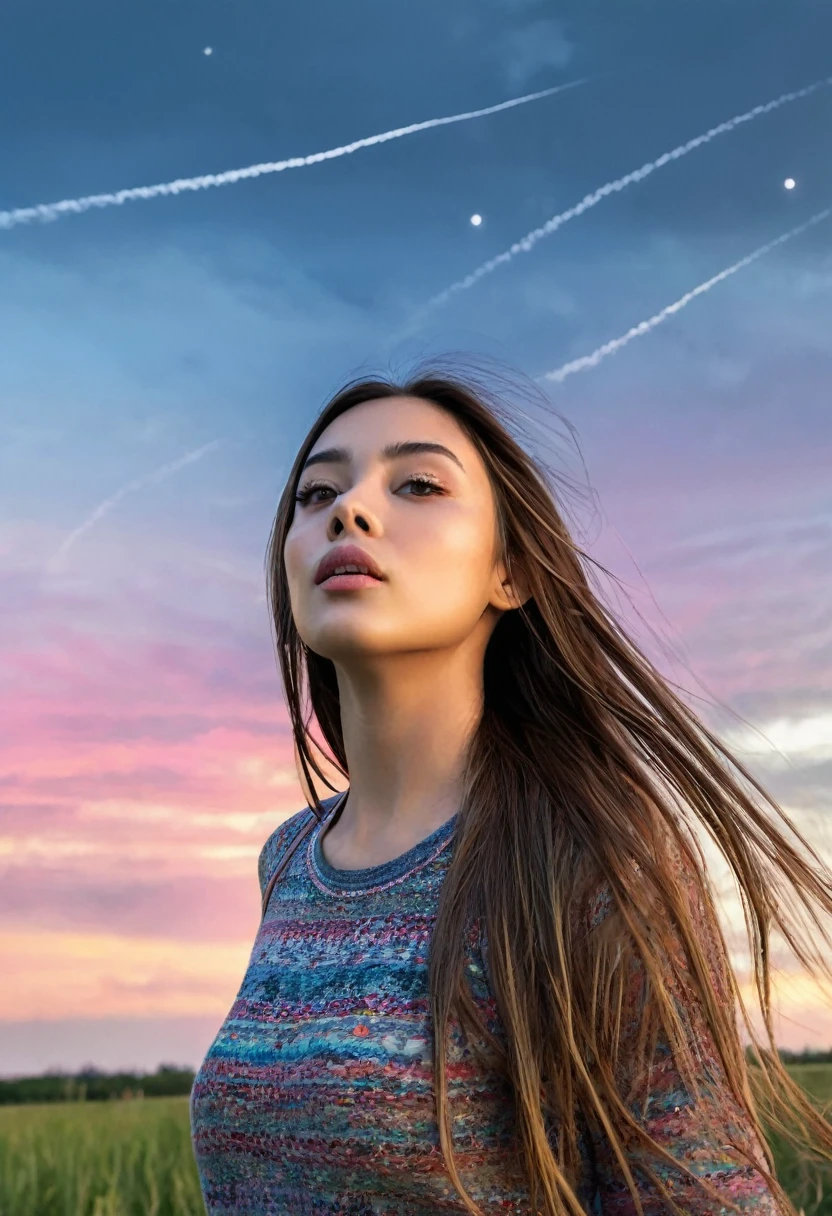 a young girl looking up at airplane trails, blue sky, long airplane trails stretching straight, her long hair blowing in the wind, professional lighting, professional camera, detailed portrait, beautiful, detailed eyes, beautiful, detailed lips, extremely detailed face, cinematic lighting, photorealistic, highly detailed, 8k, vibrant colors, natural outdoor lighting, natural landscape, serene, peaceful, magical atmosphere, dreamlike, awe-inspiring.