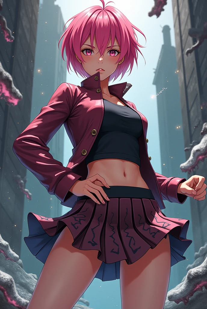 A female version of Itadori Yuuji, with short pink hair, with a short skirt