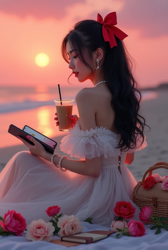 Picturesque pink sunset at the beach with dreamy picnic set up, where Animated classic Ethereal fierce woman, with wavy long black hair with red bow clip at middle back, wearing off shoulder, embroidered white long tulle dress with pearl accessories, holding iced coffee with one straw looking at the classic vintage diary, with apple brand mobile phone, with peony and tulips flowers, and beach bag