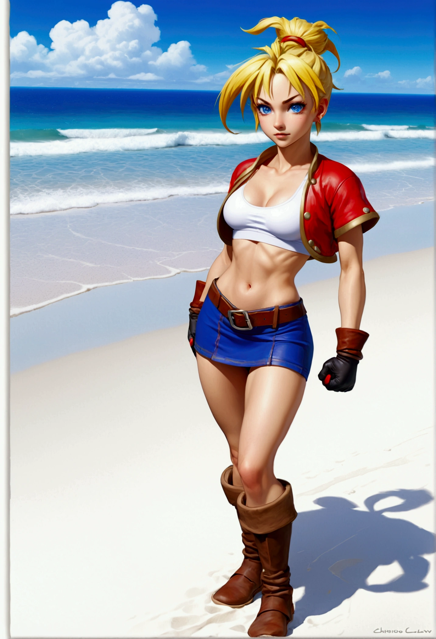 (promotional art), (Whole body view), (Kid from Chrono Cross), yellow hair in high ponytail braid, sapphire blue eyes, very slender toned frame, medium/large bust, pale white skin, (pair of white claw marks on both inner thighs;1.3), (strong glutes), fierce expression, BREAK: (tight red micro skirt with very high front slit), high cropped red jacket with short sleeves, skin tight white sports bra under jacket, (tight white sports bra:1.25), loose brown leather ankle boots, BREAK: 1/4 walking pose, on a white sand beach, ocean spray shooting up behind her