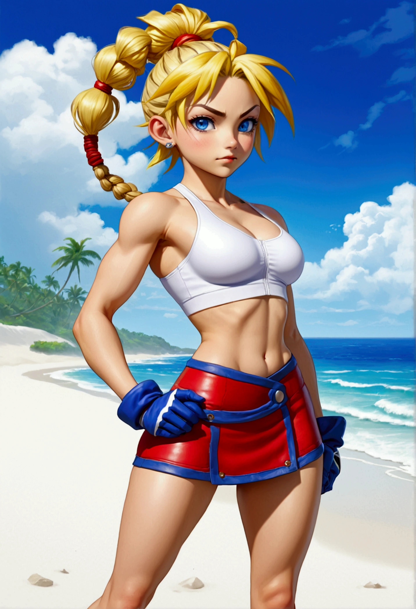 (promotional art), (Whole body view), (Kid from Chrono Cross), yellow hair in high ponytail braid, sapphire blue eyes, very slender toned frame, medium/large bust, pale white skin, (pair of white claw marks on both inner thighs;1.3), (strong glutes), fierce expression, BREAK: (tight red micro skirt with very high front slit), high cropped red jacket with short sleeves, skin tight white sports bra under jacket, (tight white sports bra:1.25), loose brown leather ankle boots, BREAK: 1/4 walking pose, on a white sand beach, ocean spray shooting up behind her