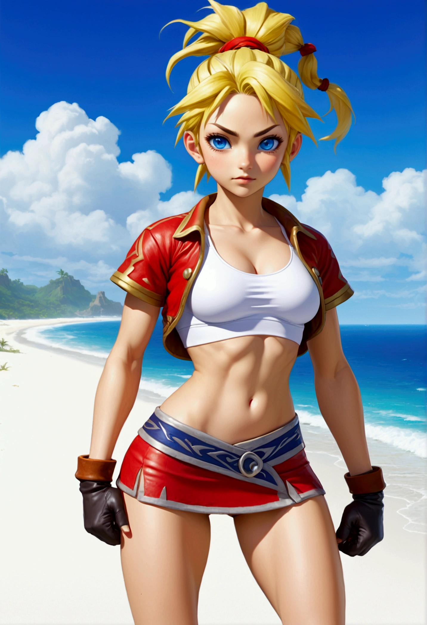 (promotional art), (Whole body view), (Kid from Chrono Cross), yellow hair in high ponytail braid, sapphire blue eyes, very slender toned frame, medium/large bust, pale white skin, (pair of white claw marks on both inner thighs;1.3), (strong glutes), fierce expression, BREAK: (tight red micro skirt with very high front slit), high cropped red jacket with short sleeves, skin tight white sports bra under jacket, (tight white sports bra:1.25), loose brown leather ankle boots, BREAK: 1/4 walking pose, on a white sand beach, ocean spray shooting up behind her